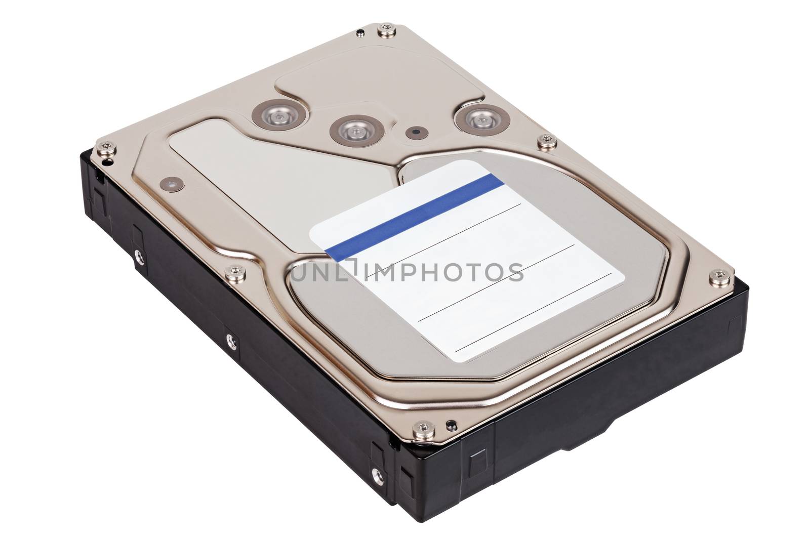 a modern high capacity 8 terabyte mechanical hard disk drive unit isolated on white background - in isometric diagonal composition.