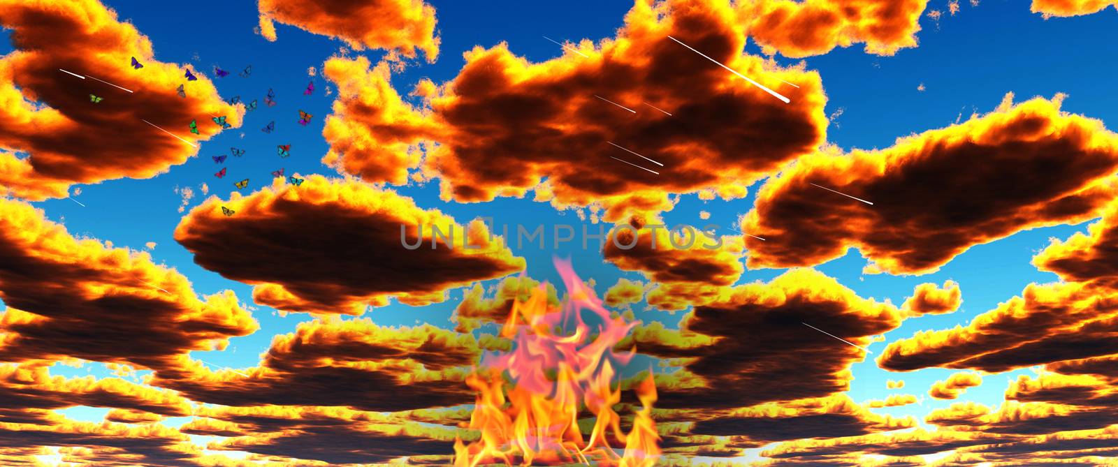 Surreal landscape. Fire in the sky. Butterflies in vivid clouds