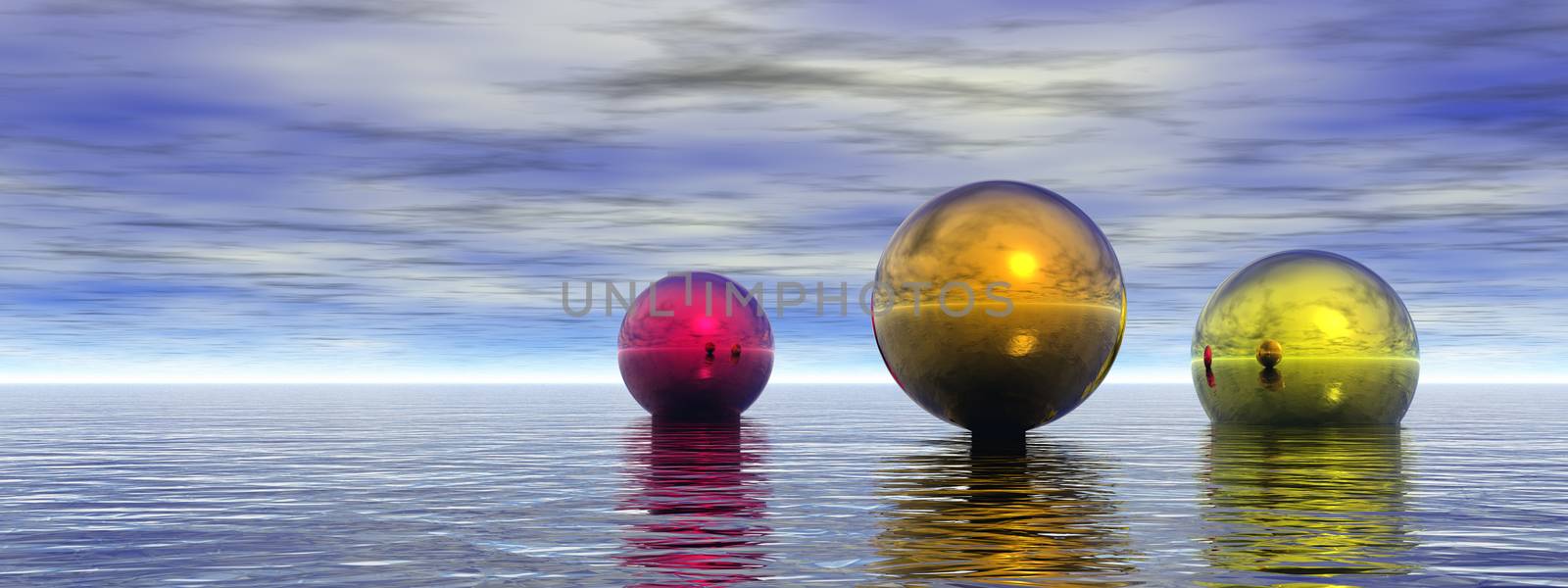 Colorful spheres hovers above ocean