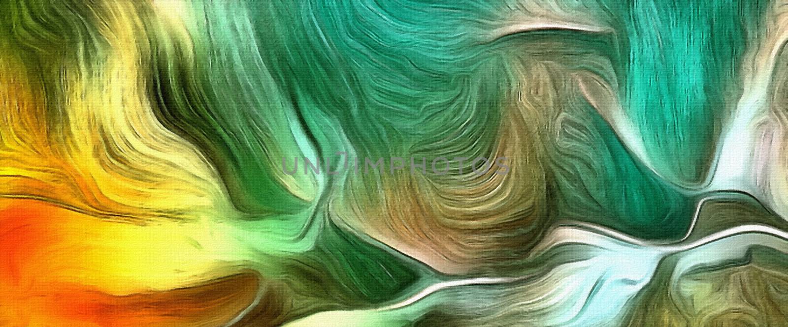 Fluid lines of color movement. Green and yellow colors mostly. 3D rendering