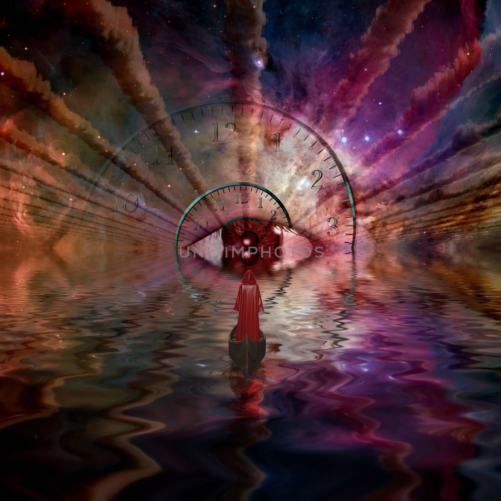 Figure in red robe floating to God's eye in space tunnel