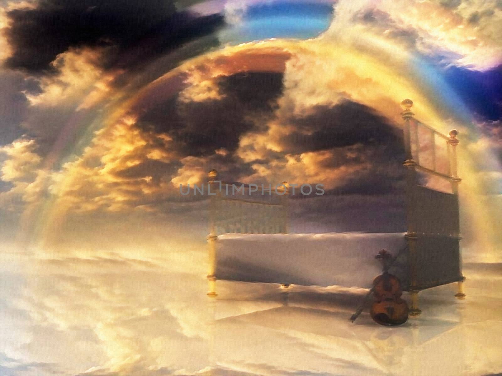 Bed with violin and rainbow in surreal scene