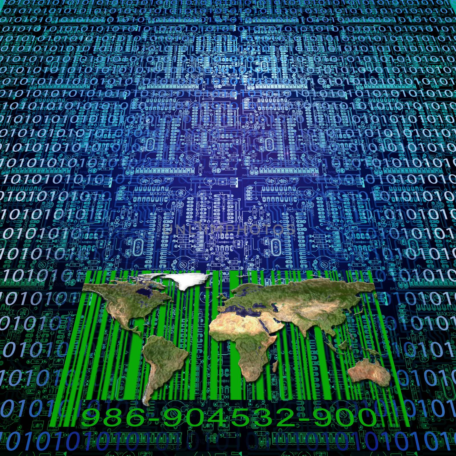 Binary code, world map and bar code.