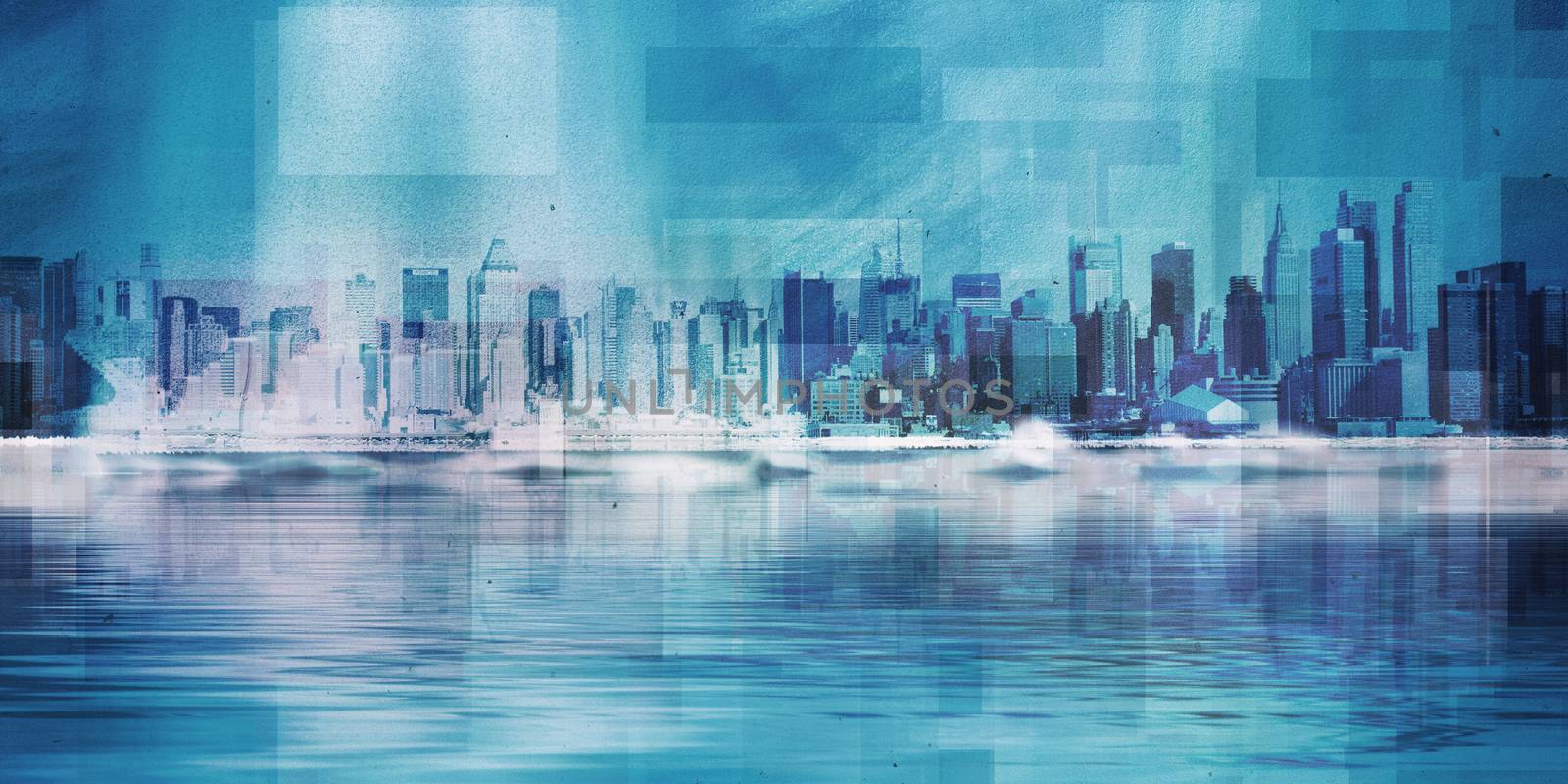 Modern Art. Manhattan, New York panorama in vivid blue colors. Water reflections