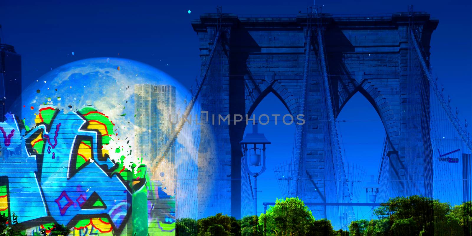 Surreal digital art. Brooklyn bridge. Giant moon in the sky