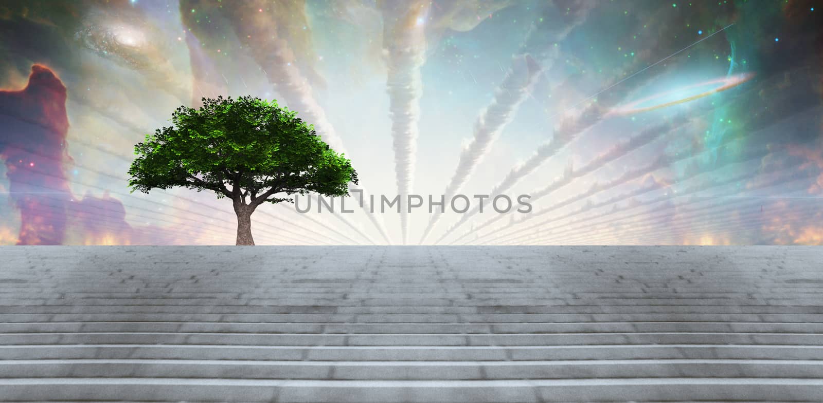 Green tree in surreal landscape. Linear clouds in the colorful sky