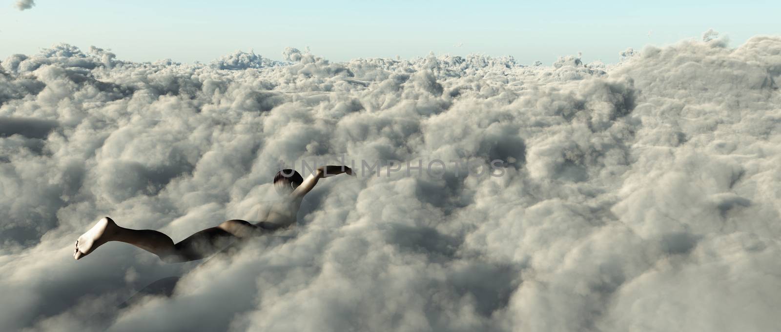 Figure of woman swims in clouds.