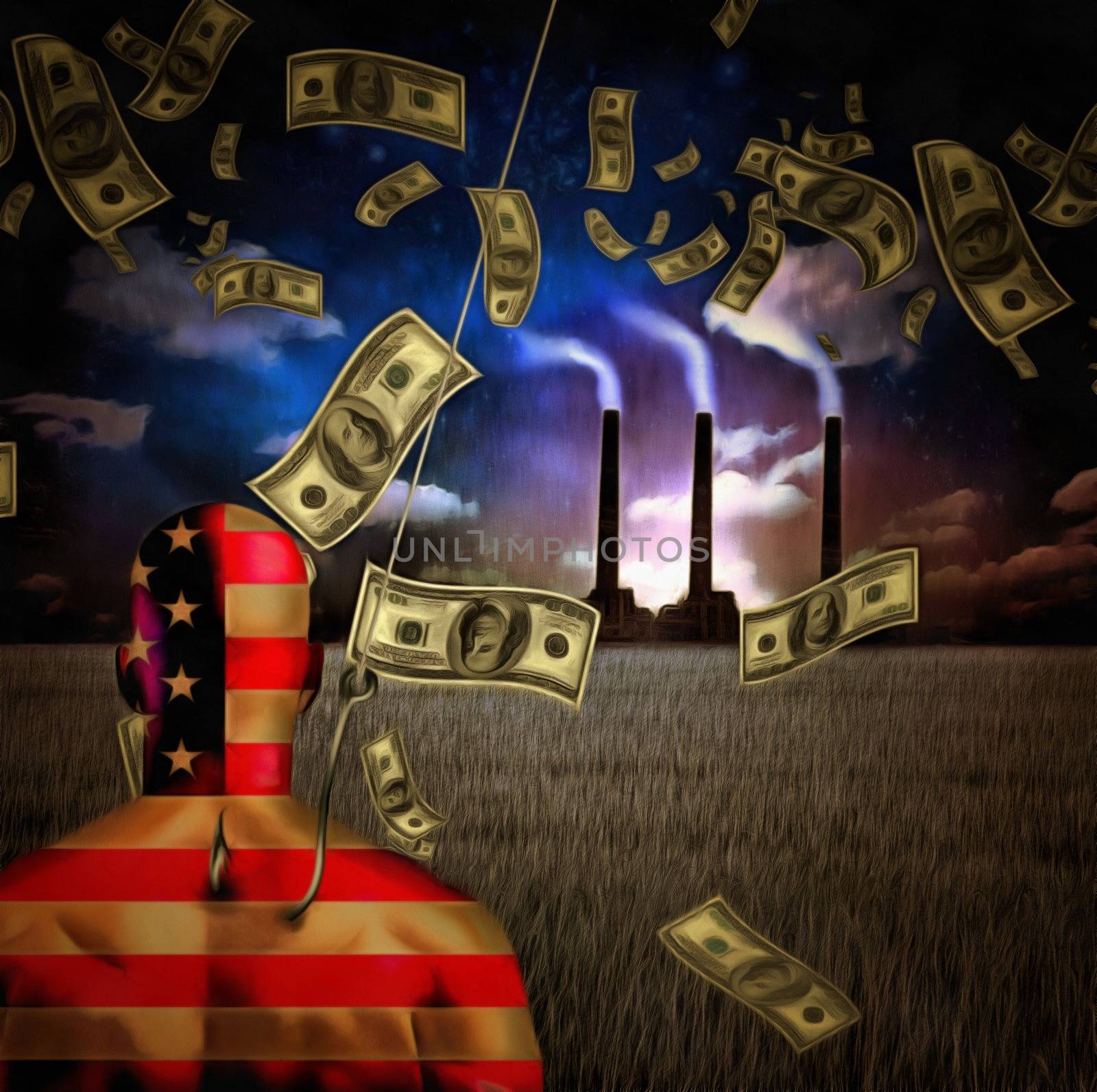 Surrealism. Man in US national colors on a hook. Rain of dollars, factory at the horizon.