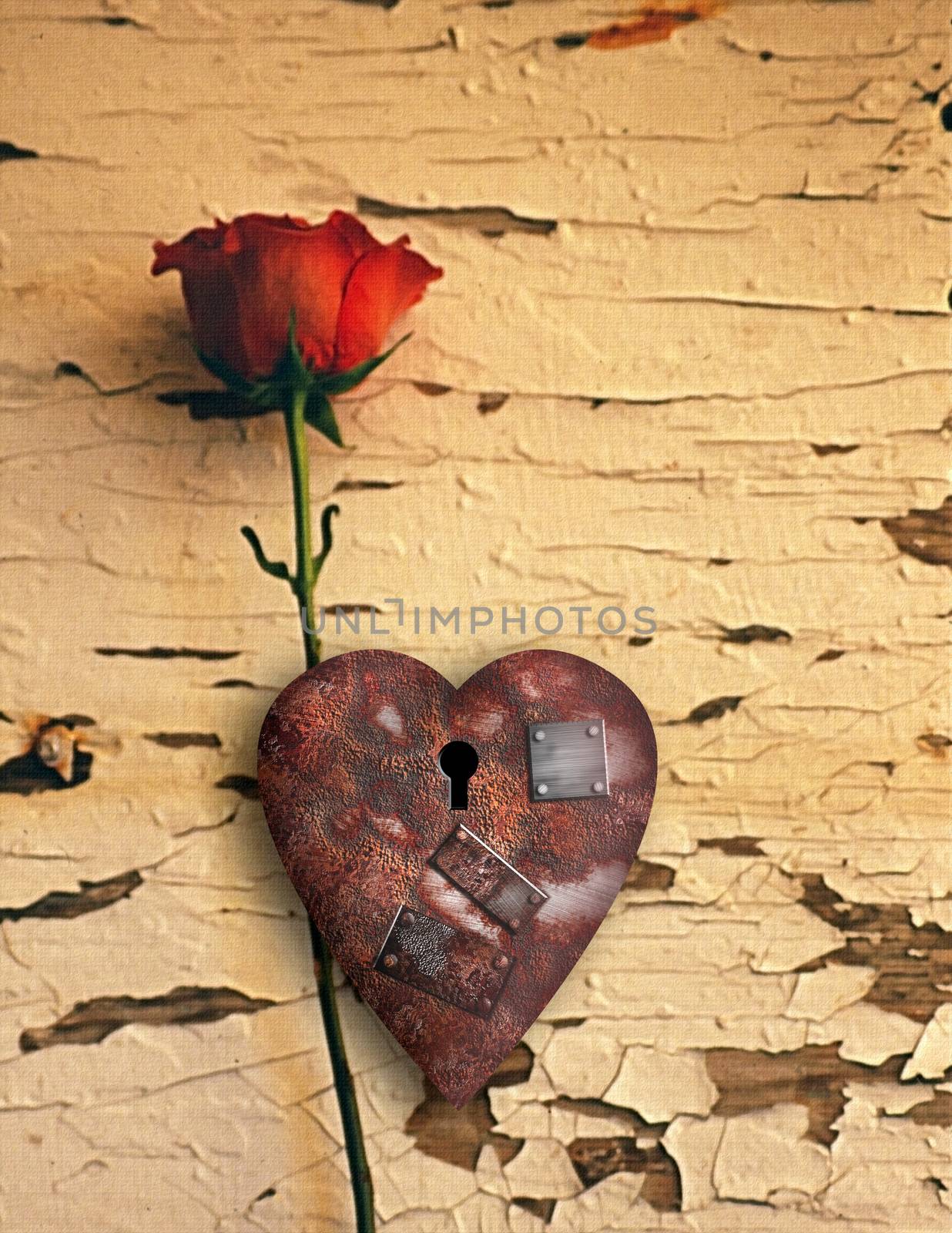 Surrealism. Red rose and rusted heart with keyhole.
