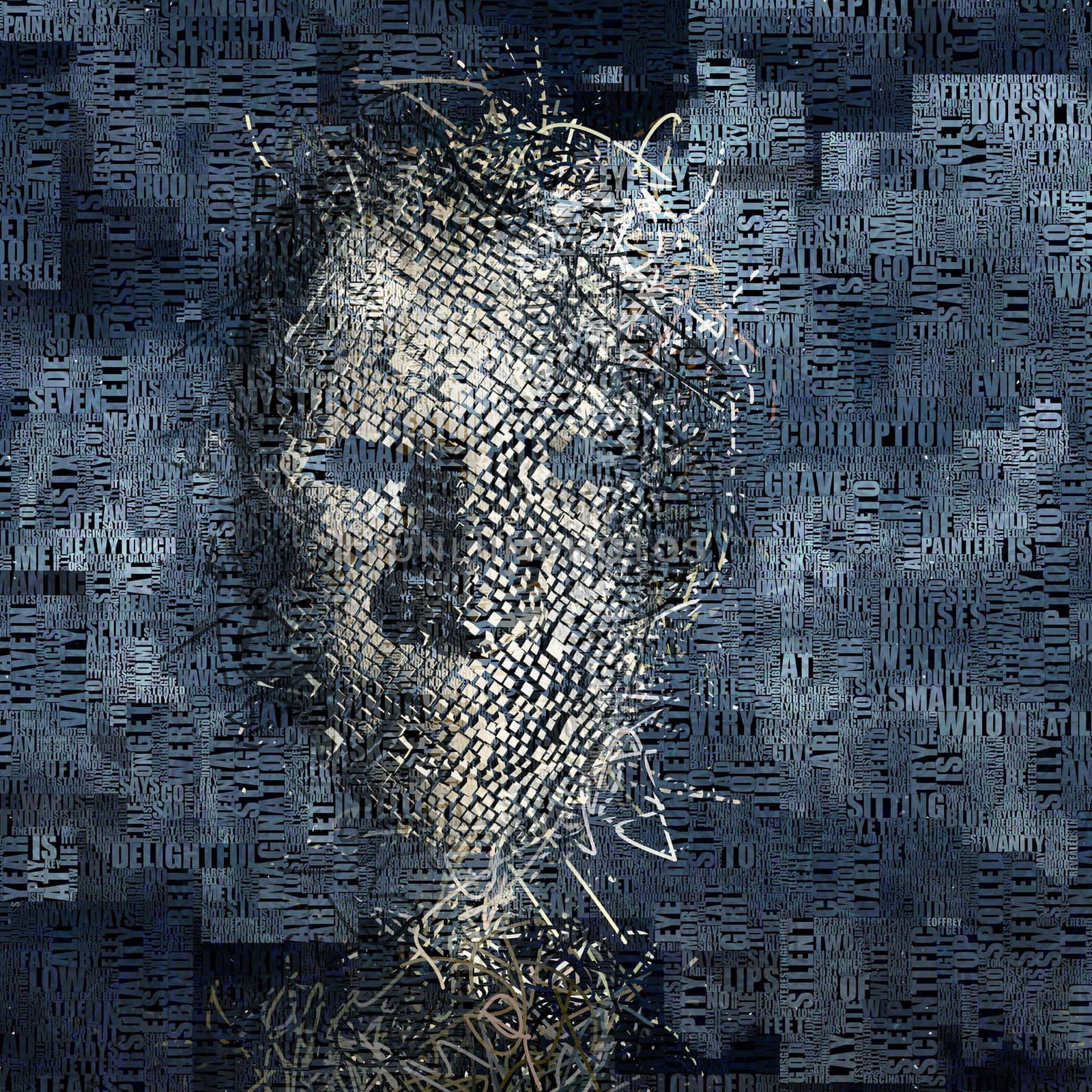 Surrealism. Human face mask made of cubes. Words