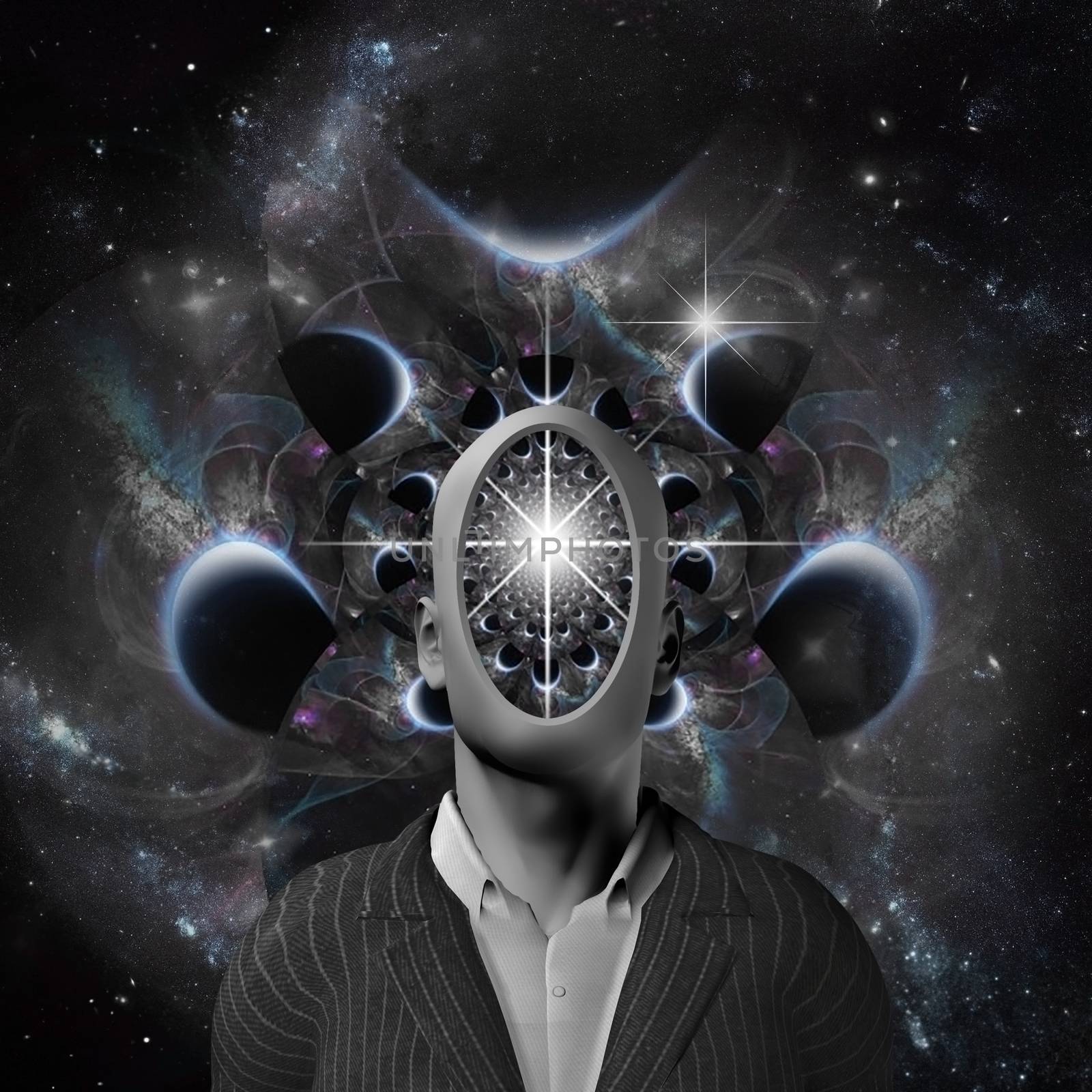 Surreal composition. Space thoughts. Faceless man in cosmic scene