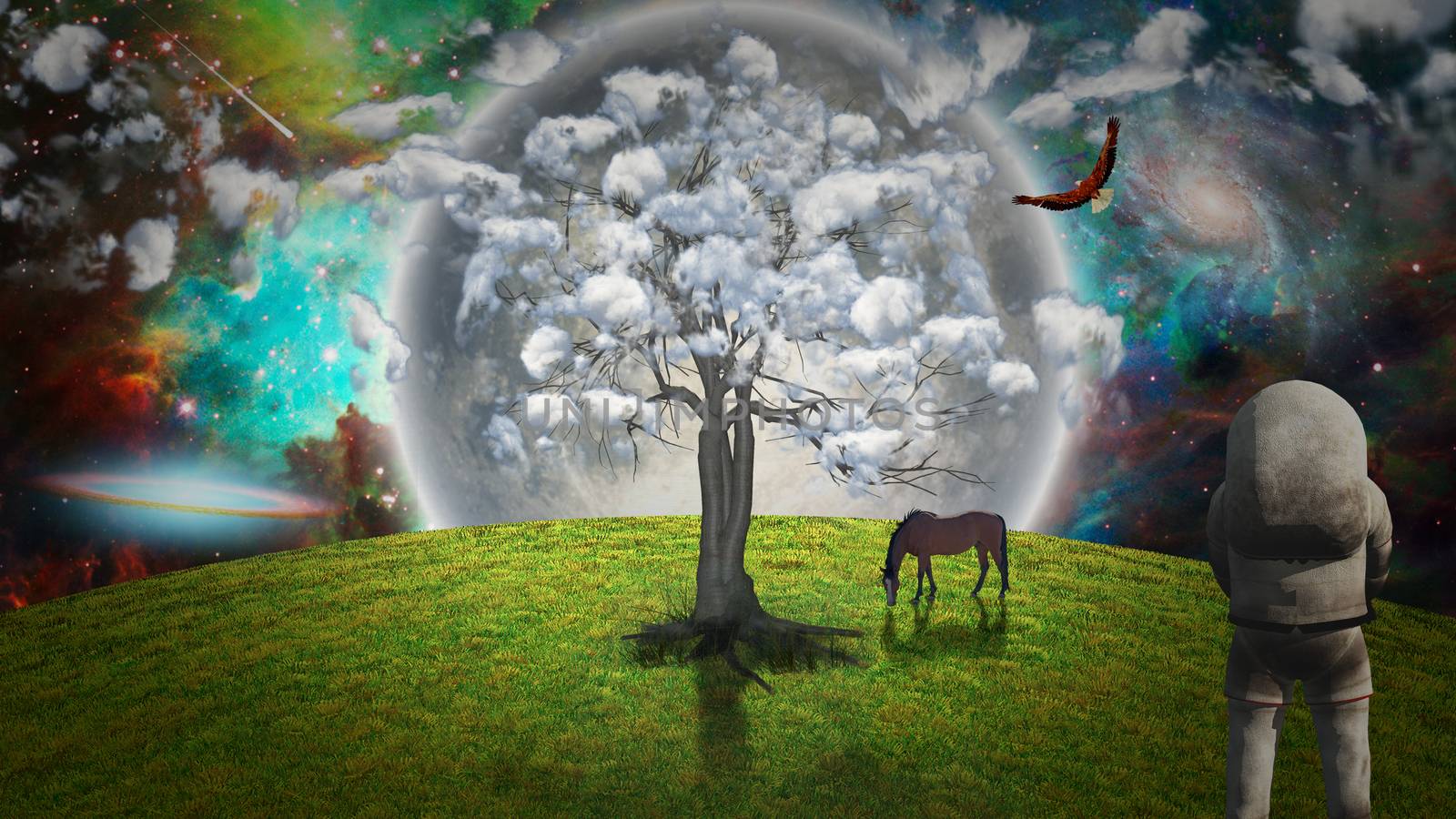 Surreal meadow with horse, astronaut and tree with clouds