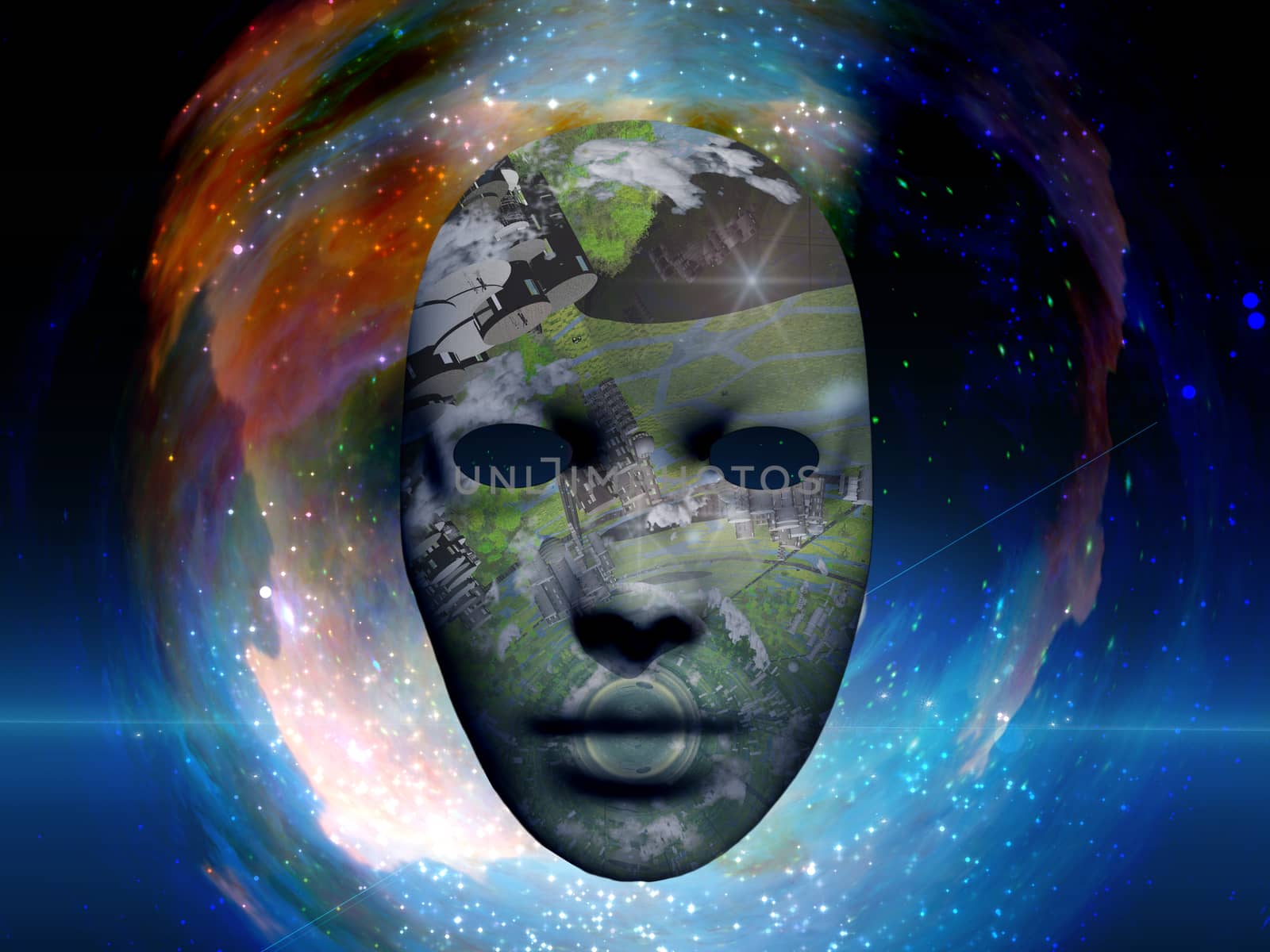 Mask with the image of O'Neill cylinder. Colorful universe on background.