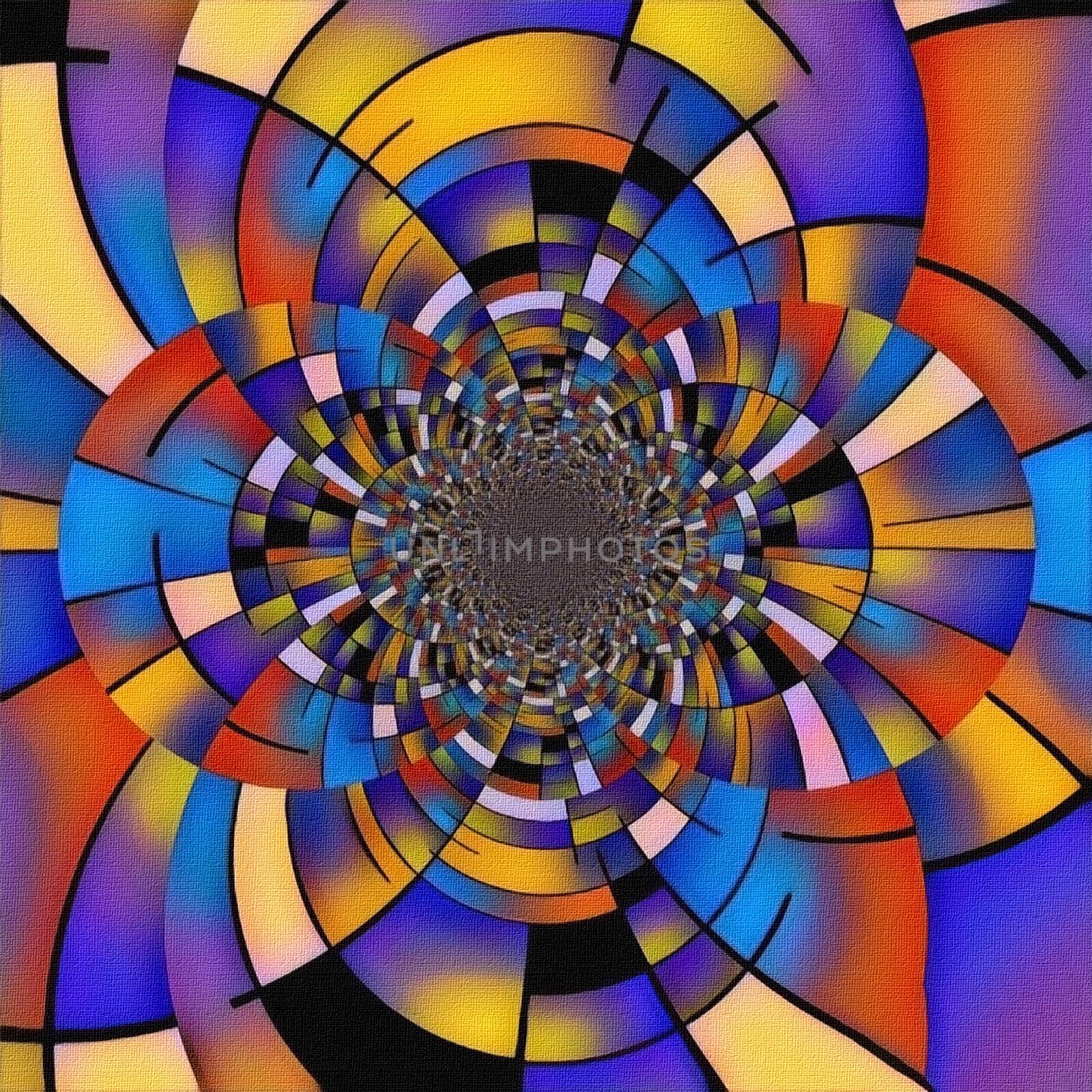 Abstract painting. Mirrored round fractal in Mondrian style.