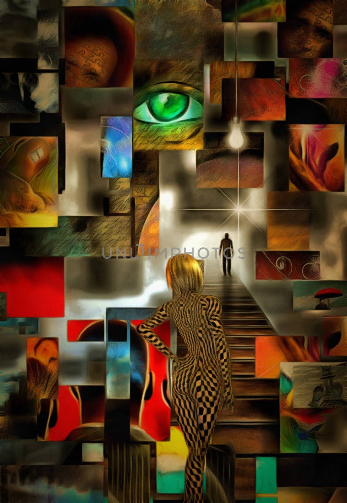 Complex surreal painting. Green eye, light bulb. Blonde girl with checkered pattern on her body. Lonely man on a road to bright light. 3D rendering