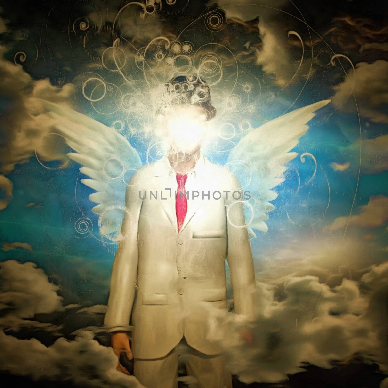 Surreal painting. Man in white suit with wings.