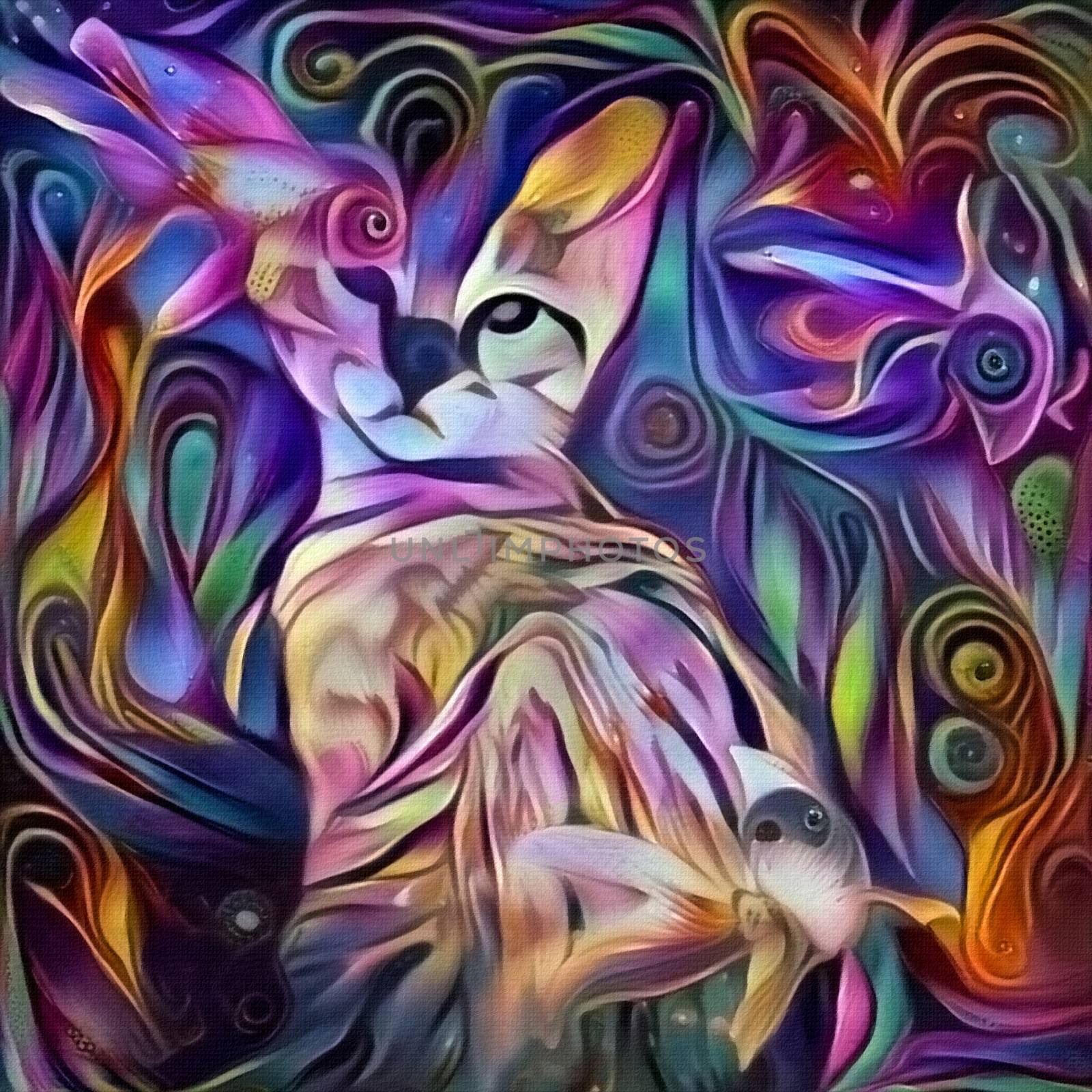 Modern painting in vivid colors. Kitty cat and colorful fish