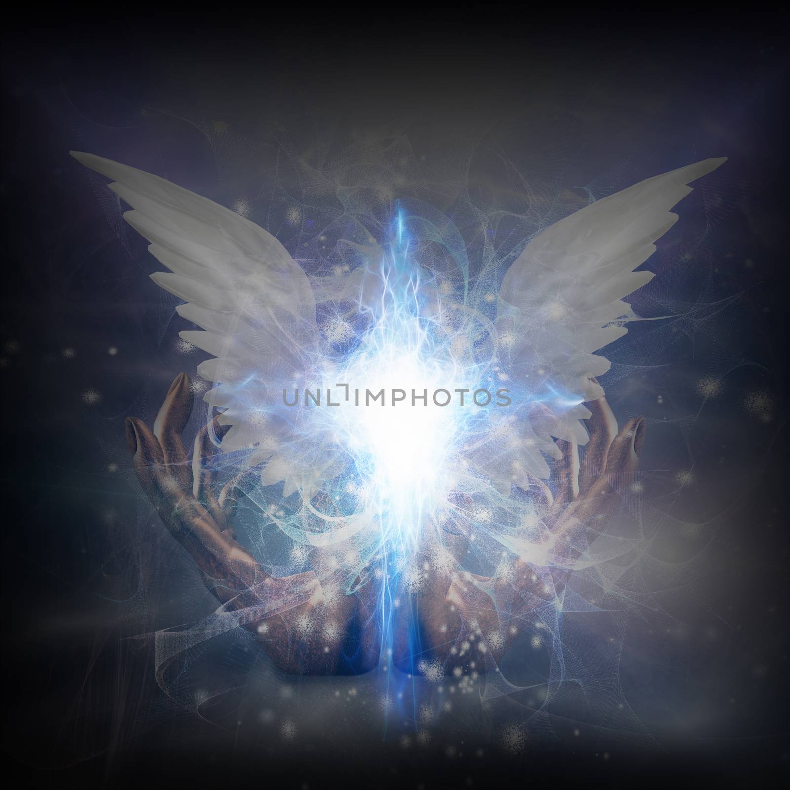 Surreal digital art. Bright star with white angel's wings. Hands of creator. Energy in shape of cross.