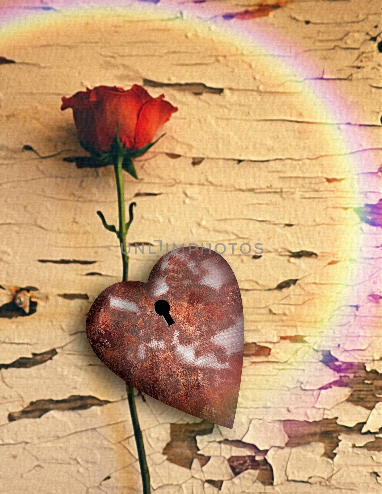 Surrealism. Red rose and rusted heart with keyhole. Rainbow.