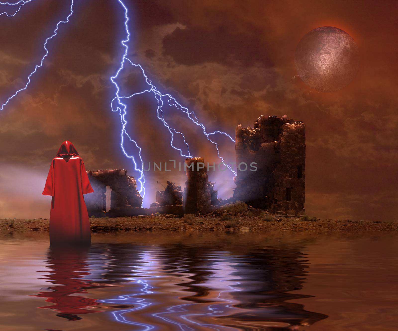 Monk in red cloak. Ruined Temple.
