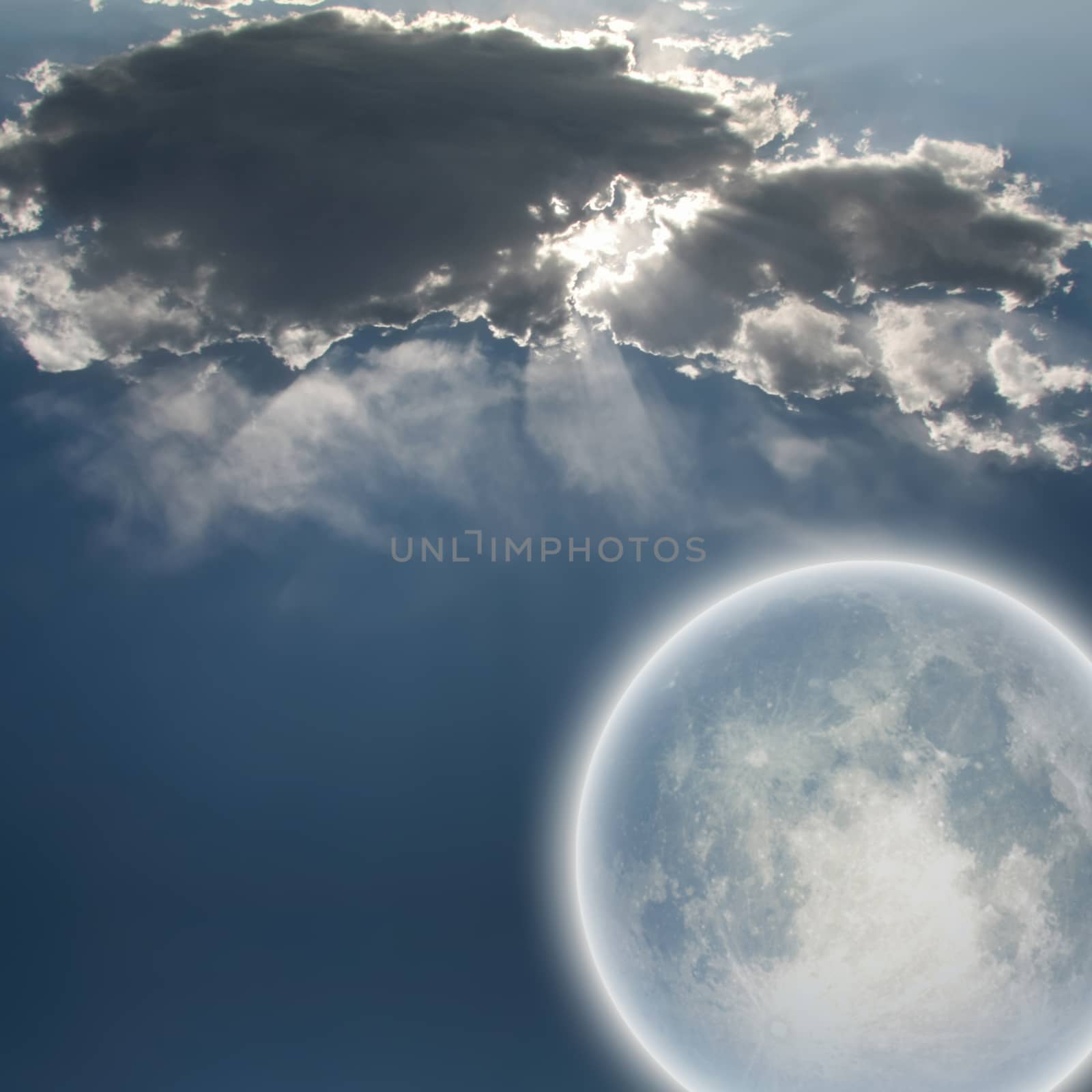 Sunbeams through clouds and bright moon. 3D rendering
