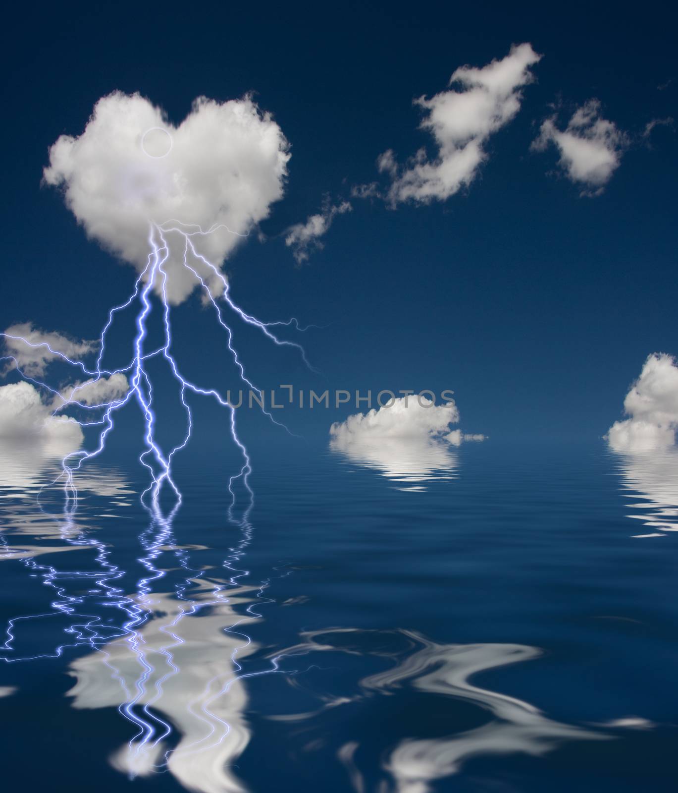 Heart Shaped Cloud With Thunderbolt and Reflection on Water