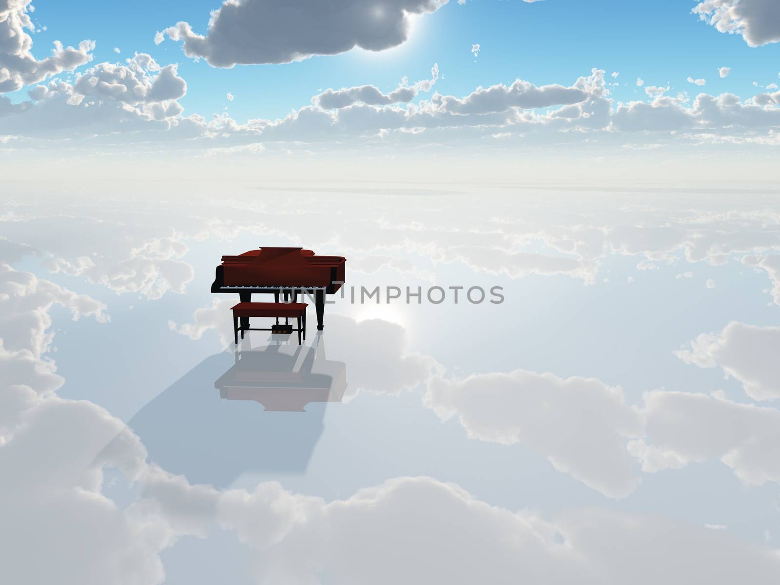 Piano in cloudy white sky