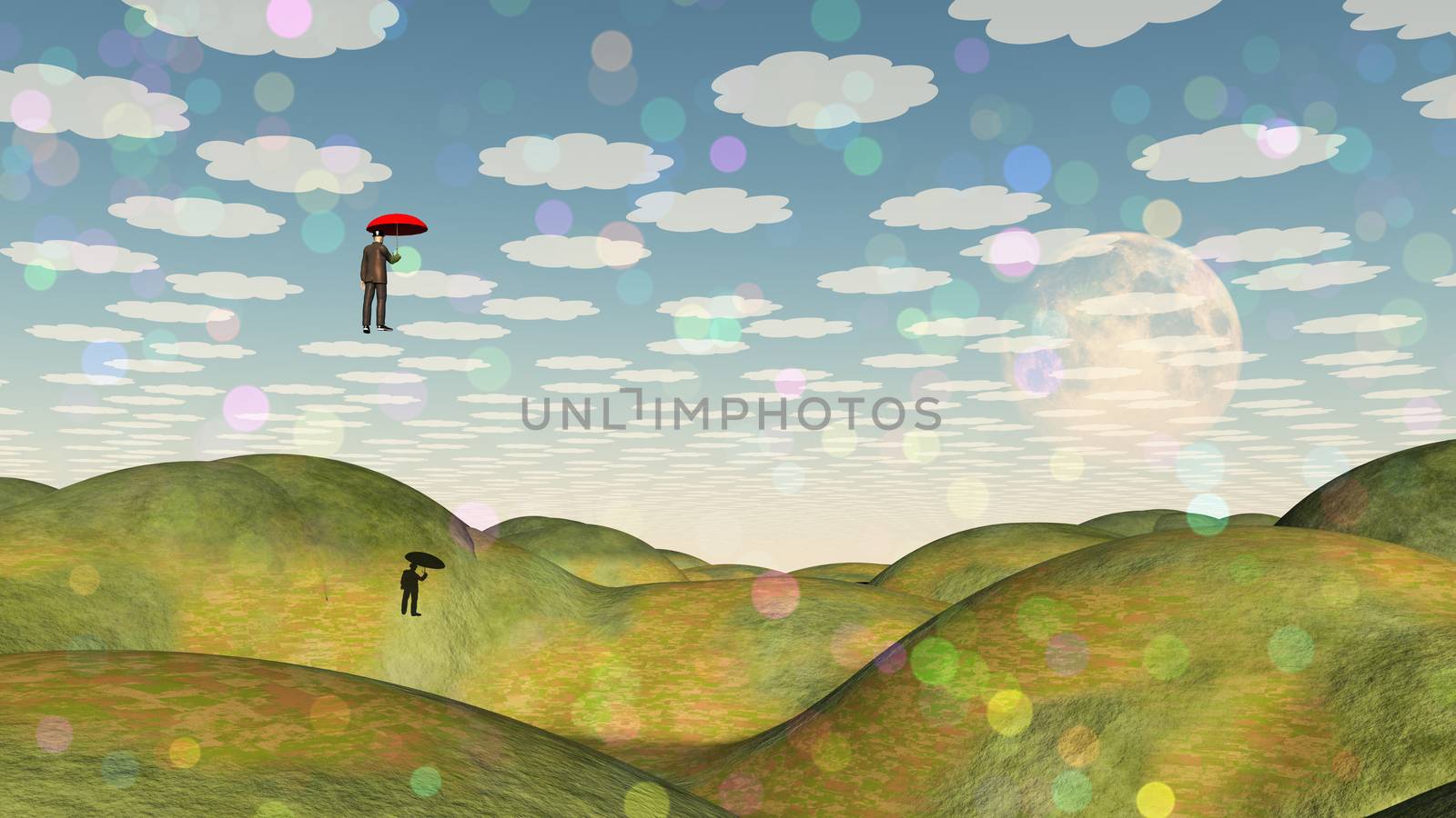Surrealism. Man flies with red umbrella over green terrain