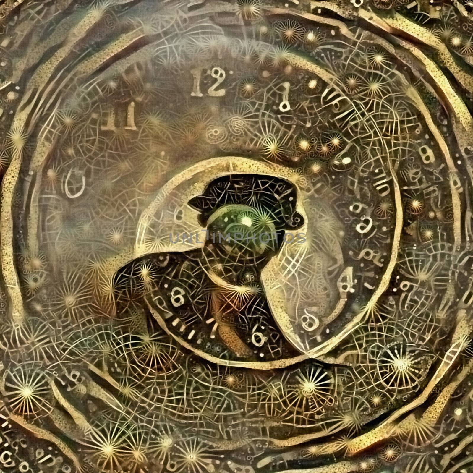 Man in black suit. Green apple face. Time spiral in vortex of stars