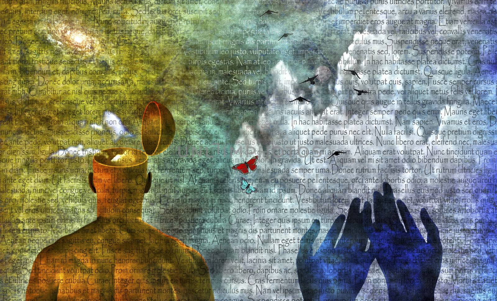 Man with open mind. Butterflies and Latin text. Hands of Creator