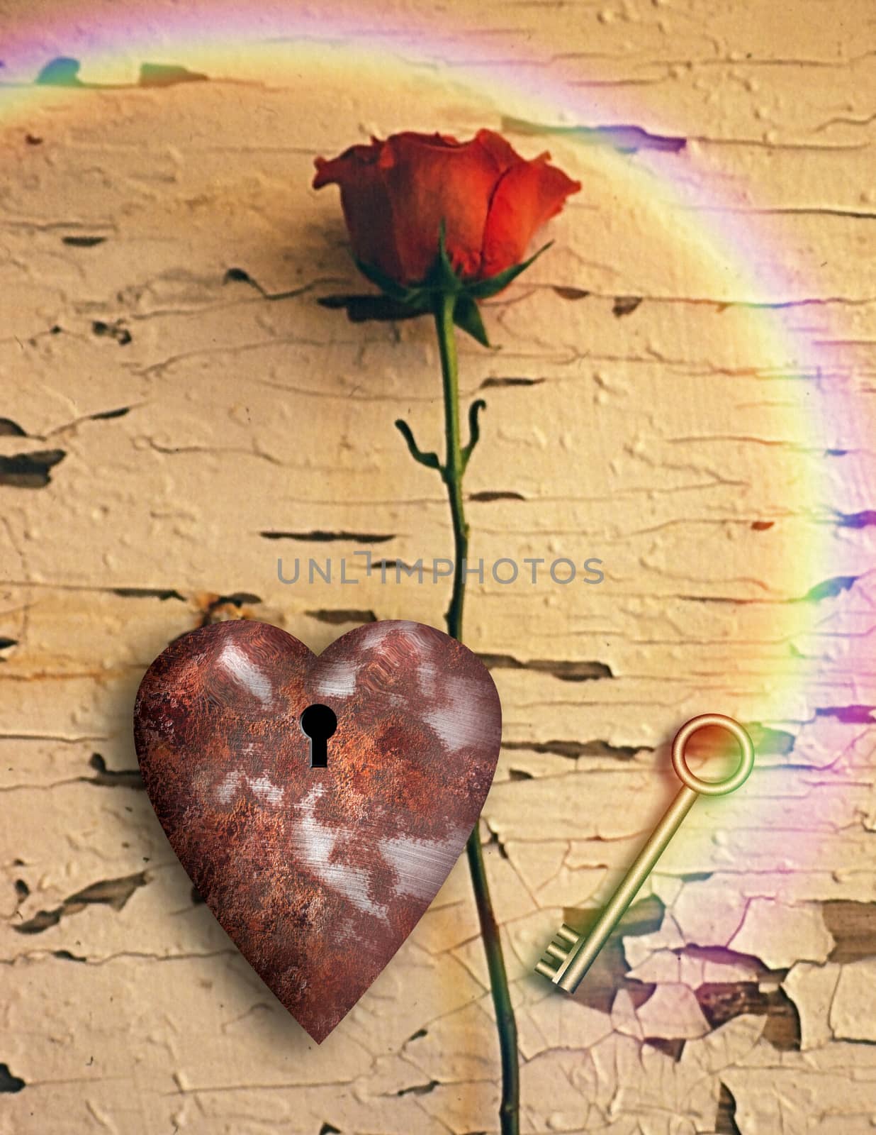 Red rose and rusted heart with keyhole. Golden key