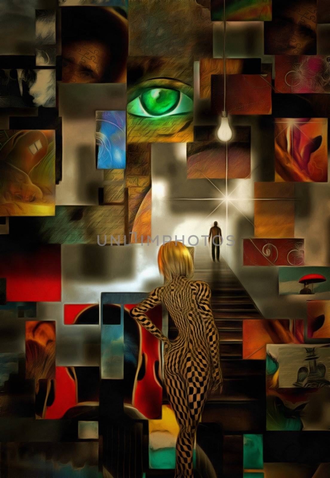 Complex surreal painting. Green eye, light bulb. Blonde girl with checkered pattern on her body. Lonely man on a road to bright light.
