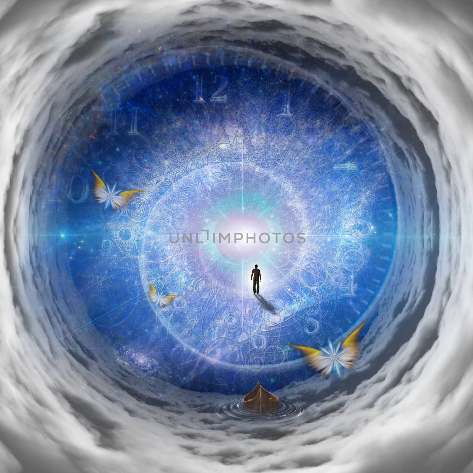 Figure of man walking through tunnel of clouds