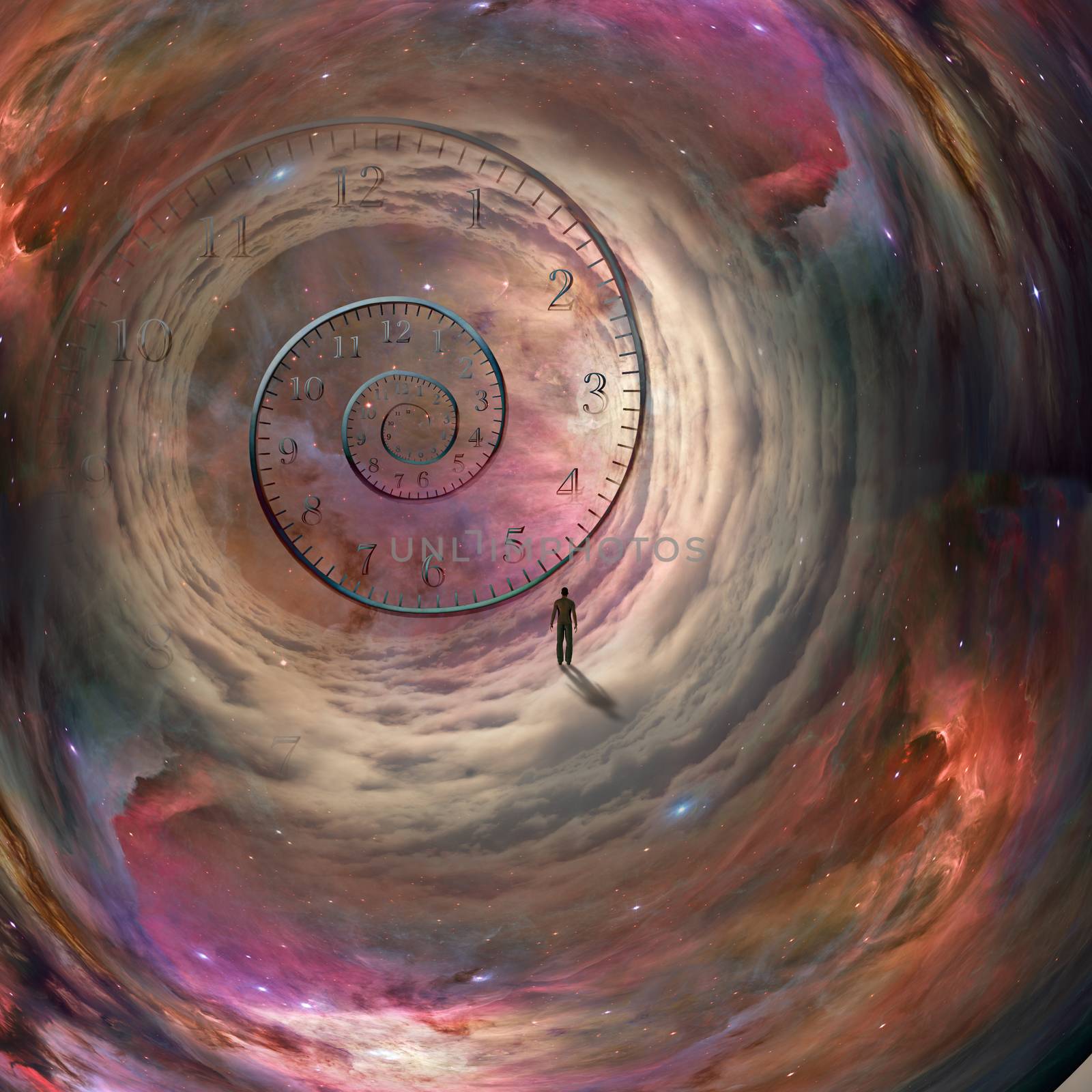 Lonely man in space tunnel. Traveler in Universe