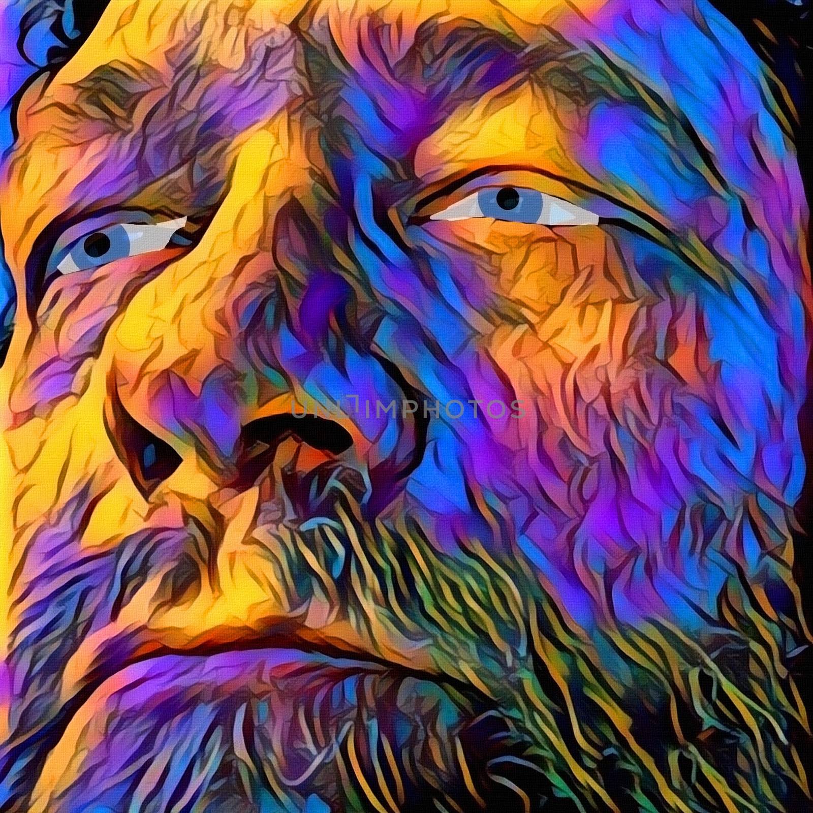 Wisdom. Man's face in purple colors.