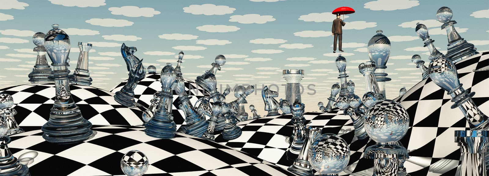 Surreal chess landscape and hovering man with red umbrella