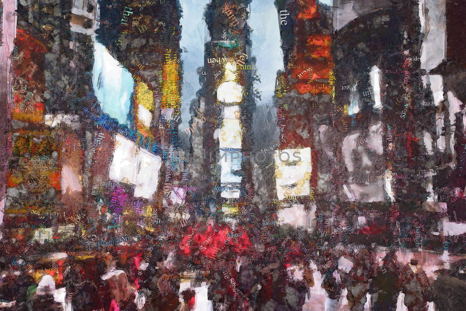 Abstract modern painting with words cloud. Times Square