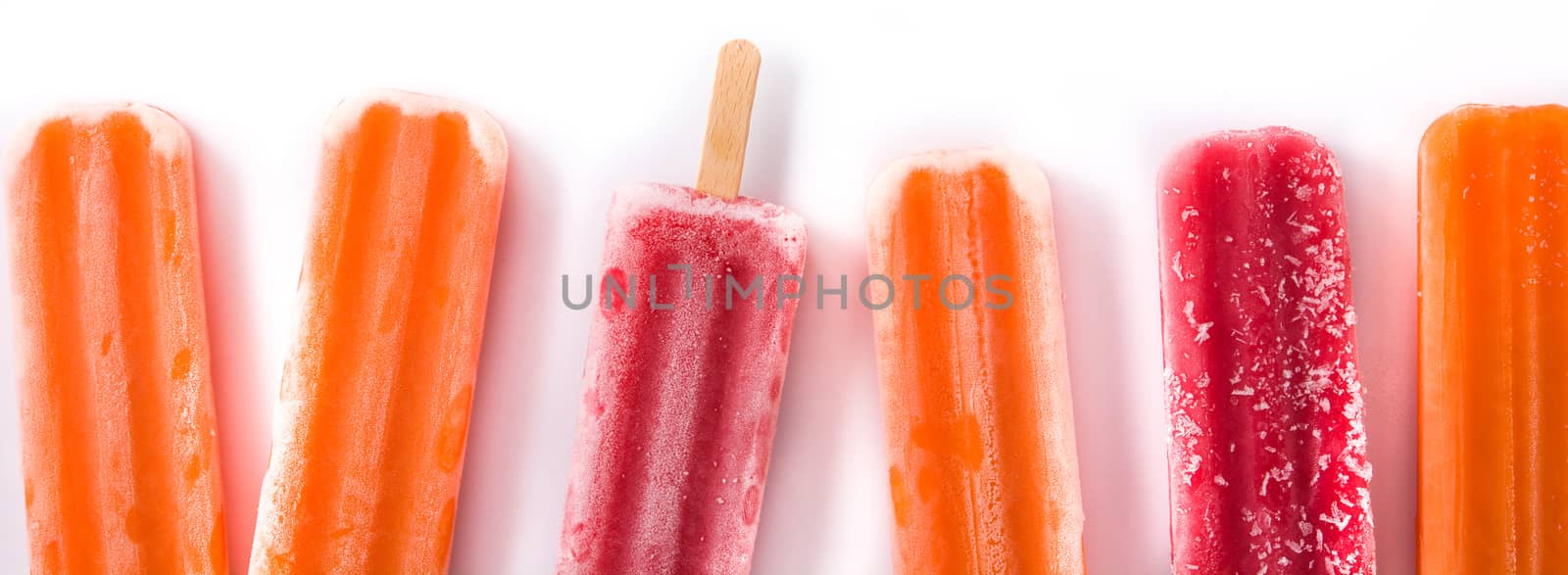 Orange and strawberry popsicles isolated on white background. by chandlervid85