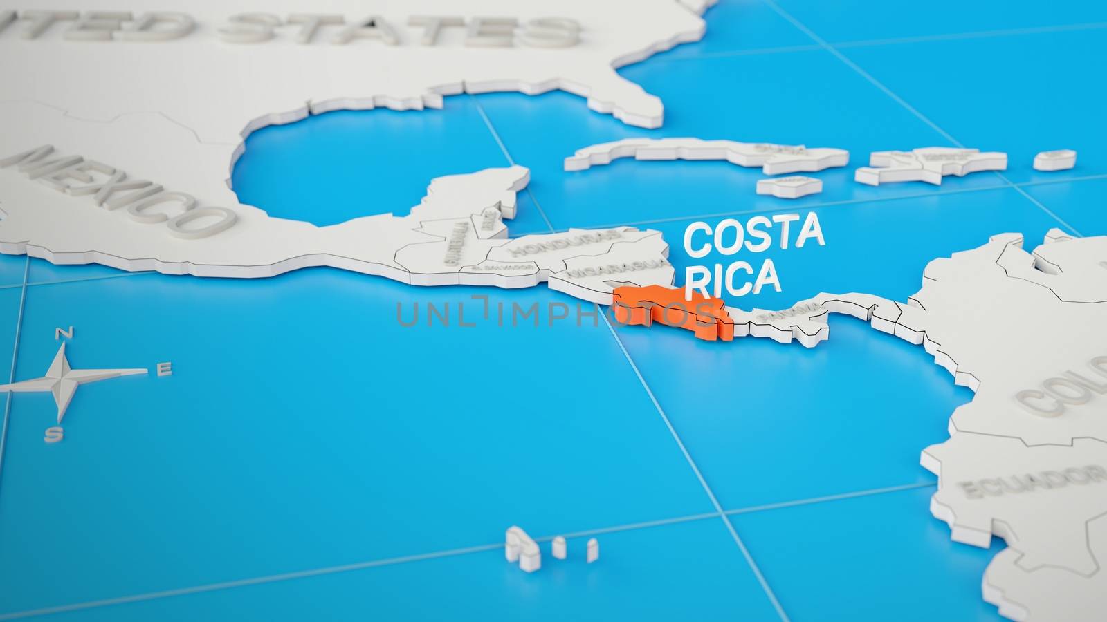 Costa Rica highlighted on a white simplified 3D world map. Digit by hernan_hyper