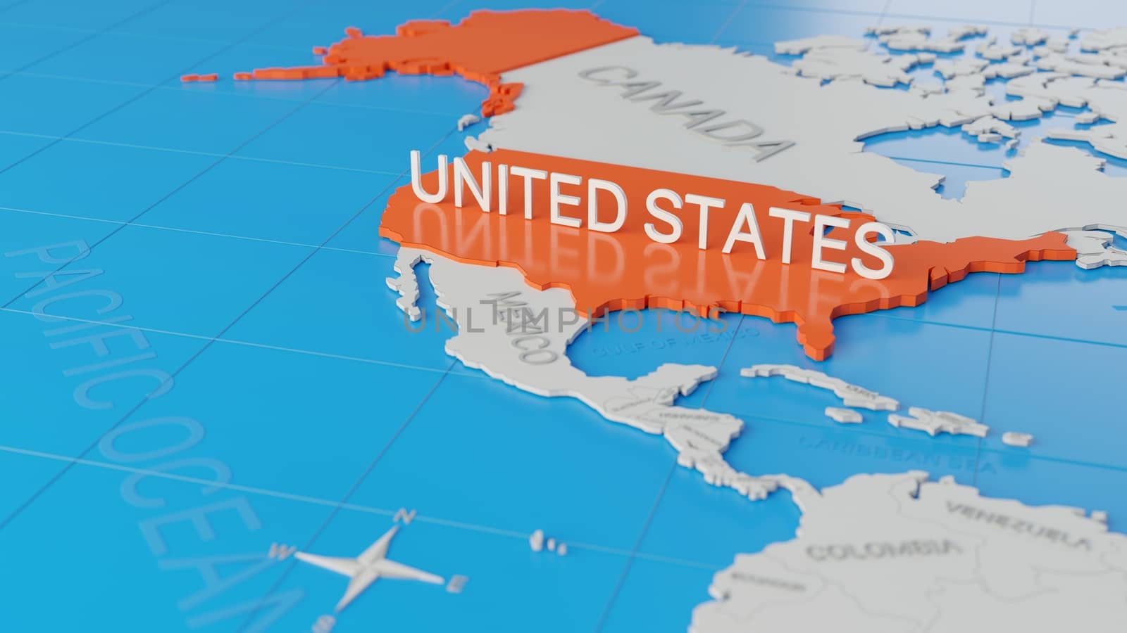 United States highlighted on a white simplified 3D world map. Digital 3D render.