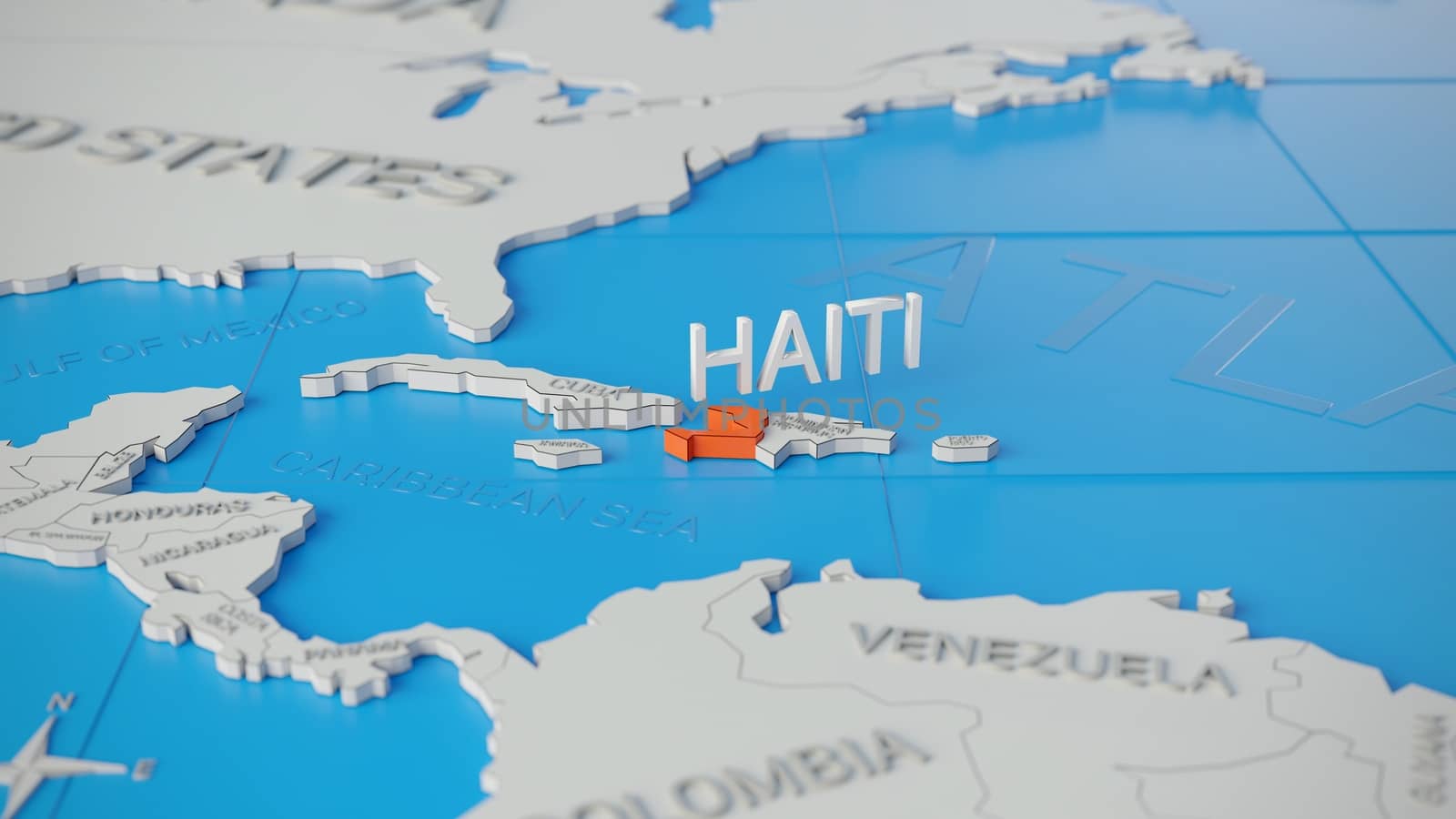 Haiti highlighted on a white simplified 3D world map. Digital 3D by hernan_hyper