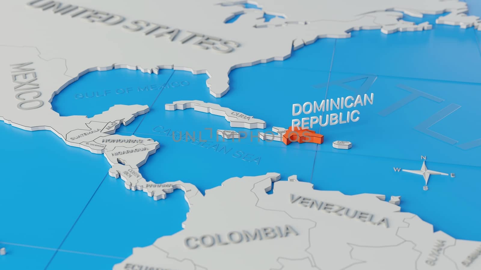 Dominican Republic highlighted on a white simplified 3D world map. Digital 3D render.