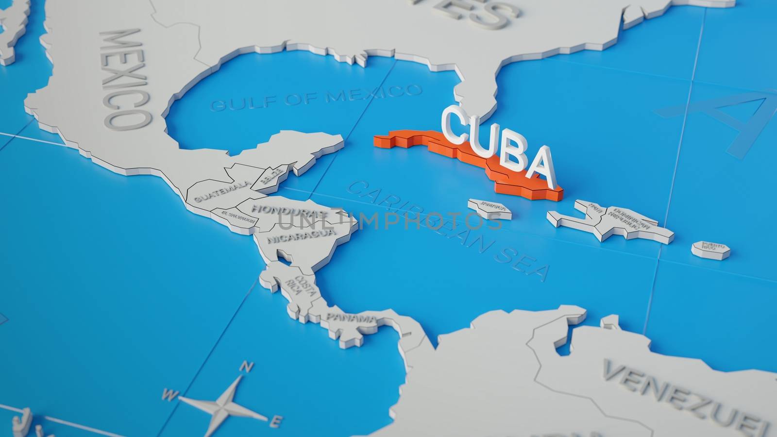Cuba highlighted on a white simplified 3D world map. Digital 3D  by hernan_hyper