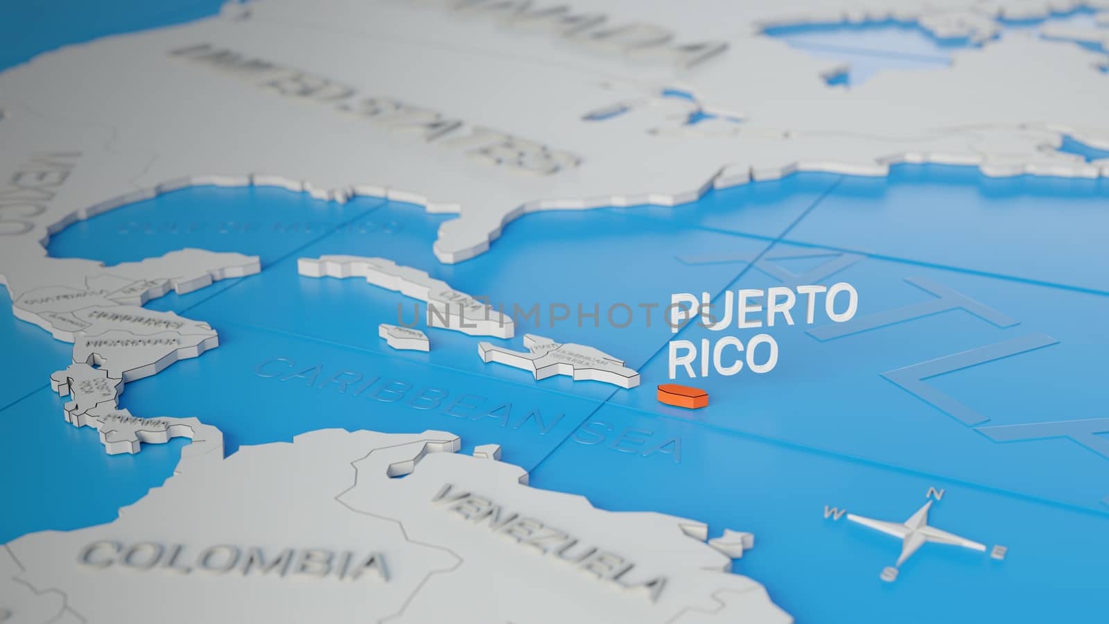 Puerto Rico highlighted on a white simplified 3D world map. Digi by hernan_hyper