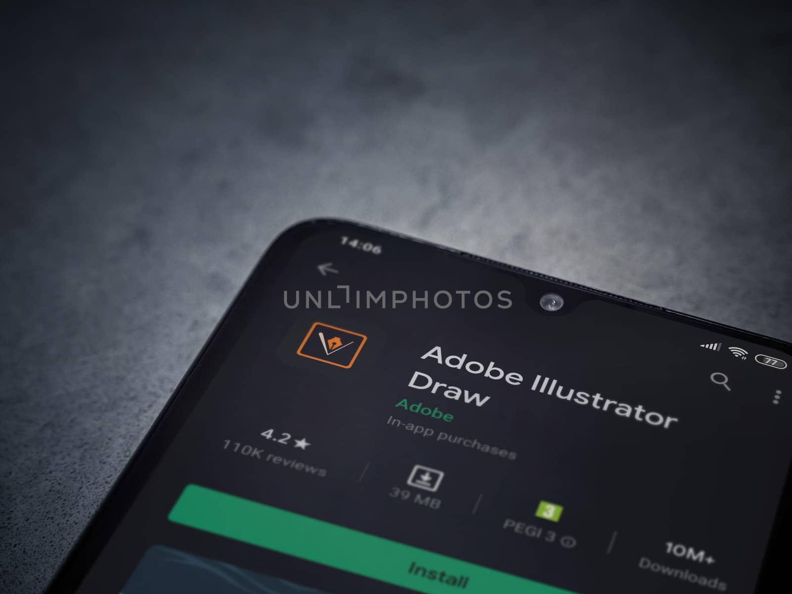 Lod, Israel - July 8, 2020: Adobe Illustrator Draw app play store page on the display of a black mobile smartphone on a dark marble stone background. Top view flat lay with copy space.
