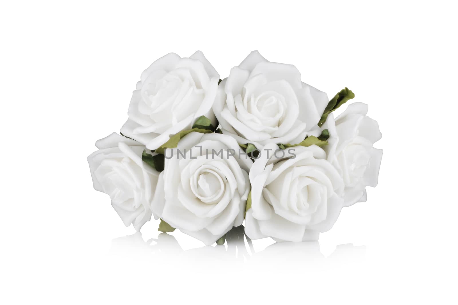 White paper roses on white background with reflection