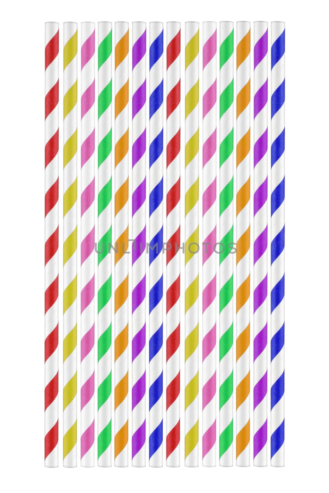 A set of colored paper drinking straws on white with clipping path