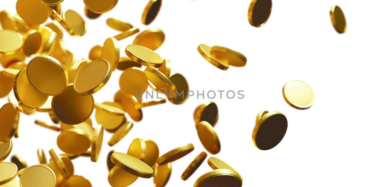 Gold coins falling on white background with copy space 3D render by Myimagine