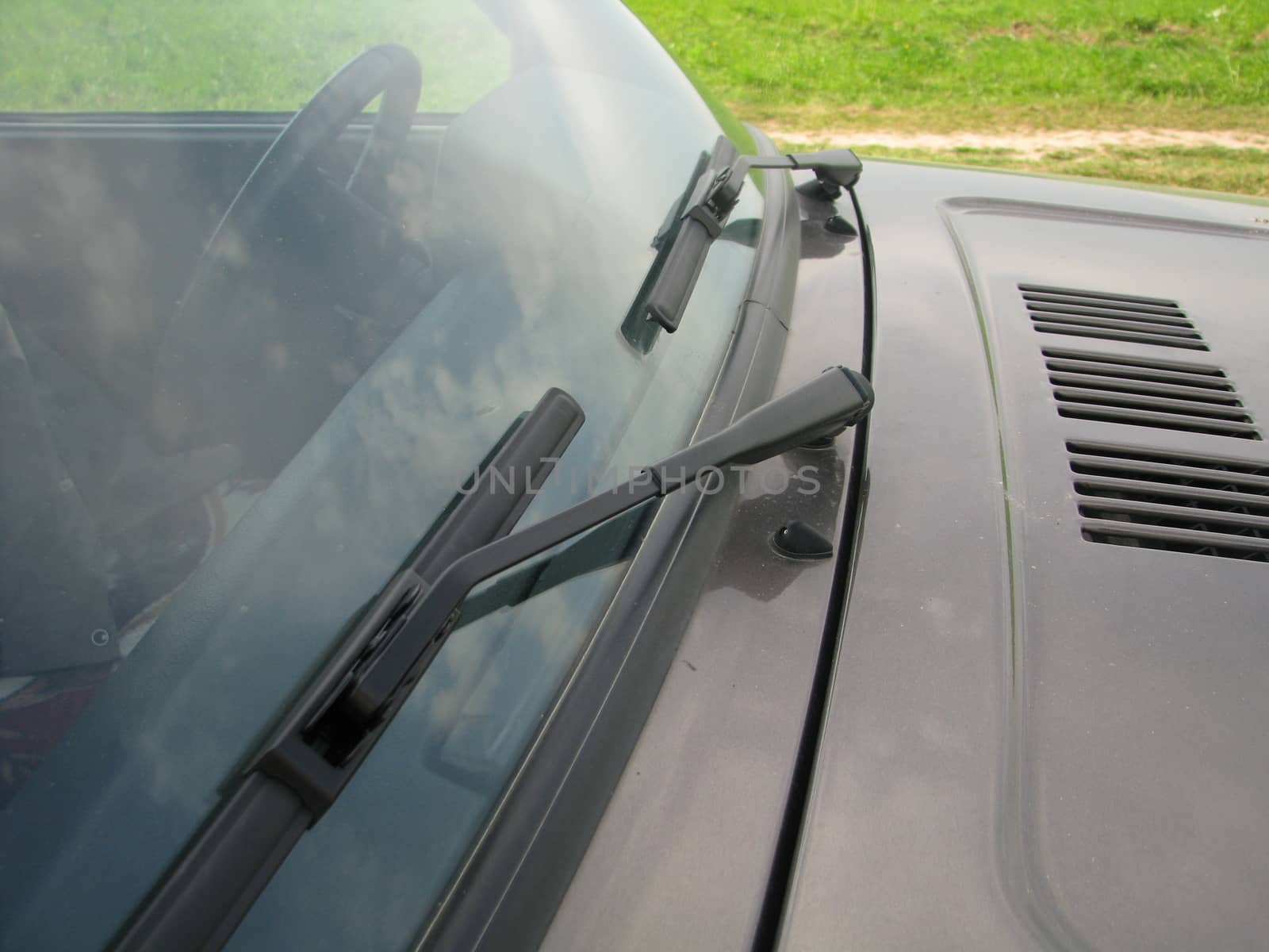 Frameless windscreen wipers on the car windshield