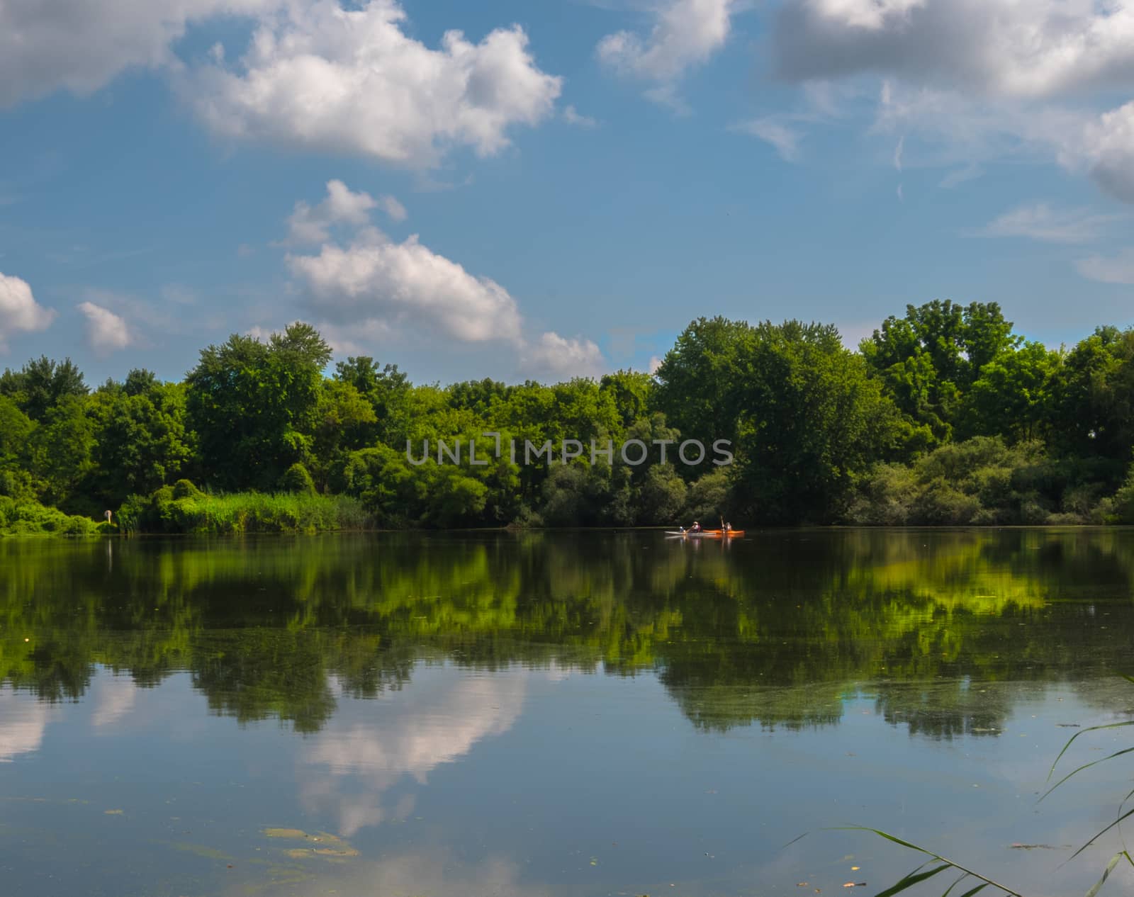 A wide angle photo Kayakers in the distance on Lake Thompson in Monmouth County, NJ.